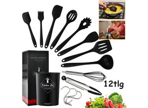 9114681067700 - Küchenhelfer Set 12 tlg Antihaft Hitzebeständiger Silikon SetTeigschaberlöffelPfannenwenderGrillzangespatelzum Kochen--schwarz - Schwarz