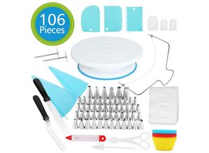 9114681074678 - 106x Backzubehör Torten Kuchen Spritzbeutel Spritztüllen Set Tortenplatte Deko