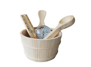 9120053865546 - Saunazubehörbox basic 5-teilig Saunazubehörset Saunakübel Holzkelle Sanduhr Thermohygromet - Sentiotec