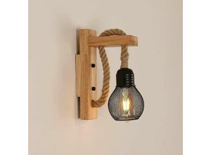 9130872351588 - Tovbmup - Vintage-Industrie-Wandleuchte rustikale Holz-Wandlampe schwarzer Metallkäfigschirm Hanfseil-Hängewandlampe für Schlafzimmer Wohnzimmer