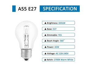 9151234584482 - Aougo - Halogenlampe E27 A55 42W dimmbar AC220-240V 650LM Warmweiß 2700K transparente E27-Halogen-Kugellampe für Deckenleuchte Schreibtischlampe