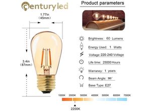 9151234584741 - Aougo - led E27 Vintage-Glühbirne ST45 einfach zu 1 w = 10 w Glühlampen super warmweiß 2200 k E27 Nachttischlampe mit mittlerem Sockel goldenes