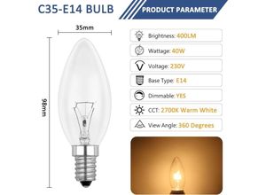 9151234584765 - Aougo - E14 40 w klare Kerzenbirne dimmbare Glühlampe Warmweiß 2700 k 400 lm Flammenbirne E14 Edison-Schraub-Kerzenbirnen 10 Stück npterbl