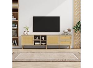 9301277632293 - Okwish - Stilvoller TV-Schrank aus Holz und Rattan – 180 x 40 x 55 cm – 2 Rattan-Türen 2 Rattan-Schubladen geeignet für 80-Zoll-Fernseher