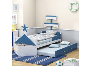 9301280143601 - Okwish - Kinderbett aus Holz 90200 cm Segelbootform mit Ausziehbett Stauraum am Ende des Bettes Einzelbett Kinderbett blau