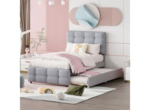 9311280770011 - Polsterbett 90 x 200 cm ausziehbares Kinderbett verstellbares Kopfteil hautfreundliche Leinenpolsterung flaches Einzelbett Kinderbett