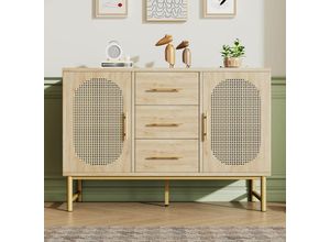 9317424254232 - Aiducho - Rattan-Sideboard mit 3 Schubladen und 2 Rattan-Türen Schminktisch für Schlafzimmer und Wohnzimmer verstellbare Regale Kippschutz 120 x