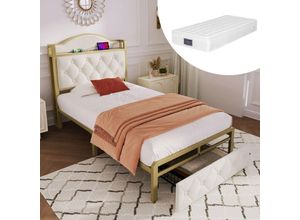 9321279629527 - Polsterbett mit USB-Typ-C-Ladefunktion und Schubladen Einzelbett 90 x 200 mit Staufach Bettgestell mit Metalllattenrost hellbeige (mit Matratze) 9321279629527 - Polsterbett mit USB-Typ-C-Ladefunktion und Schubladen Einzelbett 90 x 200 mit Staufach Bettgestell mit Metalllattenrost hellbeige (mit Matratze)