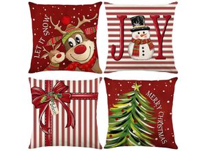 9322443308552 - 4 Stück Rot 45x45 cm Frohe Weihnachten Kissenbezug Leinen Winter Kissenbezug Set Weihnachtskissenbezug Cartoon Schneemann Elch Muster Home Decor 4