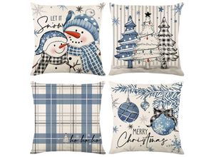 9322443308569 - Csparkv - 4-teiliges blaues 45 x 45 cm Frohe Weihnachten-Kissenbezug-Set Leinen-Winter-Kissenbezug-Set Weihnachts-Kissenbezug