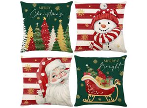 9322443308606 - 4er-Set rot grün 45 x 45 cm Frohe Weihnachten-Kissenbezug Winter-Kissenbezug-Set aus Leinen Weihnachts-Kissenbezug Cartoon-Schneemann-Elch-Muster