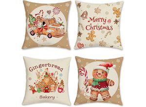 9322443343720 - 4 Stück Weihnachts-Lebkuchen-Kissenbezug 45 x 45 cm Bäckerei-LKW Weihnachten Polyester-Leinen dekorativer Kissenbezug für Sofa Schlafzimmer