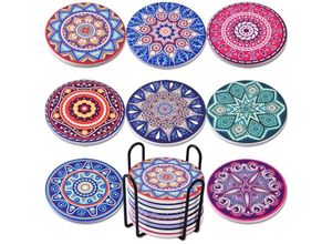 9322443381654 - CSPARKV Untersetzer Set mit 8 saugfähigen Keramik-Marmor-Untersetzern mit Metallhalter 12 cm 8 verschiedene Mandala-Muster zufällige Stile