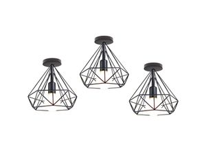 9326687365692 - Deckenleuchte Vintage Semi-Flush Mount Deckenlampe mit Diamant Form Käfig Antik Licht E27 Lampenfassung für Loft Esszimmer Schlafzimmer Schwarz 3PCS