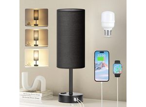 9328867036972 - Schwarze Schlafzimmerlampe für Nachttisch – 3-Wege-Dimmbare Nachttischlampe USB-C-A-Ladeanschlüsse und AC-Steckdose kleine Tischlampe schwarzer