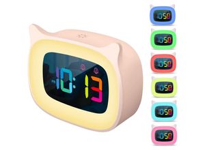9328867116636 - Niedlicher Wecker mit Katzenohren mit 7 Farben RGB-Nachtlicht und 18 Klingeltönen wiederaufladbare Uhr für Kinderzimmer buntes LED-Digitaldisplay