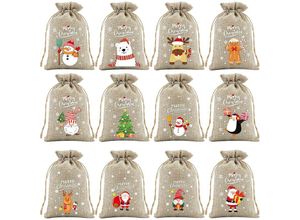 9328872111282 - 12 Stück Weihnachtsgeschenkbeutel Weihnachts-Süßigkeitsbeutel 10 x 15 cm Leinen-Weihnachts-Kordelzugbeutel buntes Weihnachts-Cartoon-Muster zum