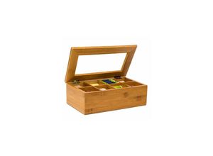 9336579014416 - Eting - Teebox aus Bambus h x b x t ca 9 x 28 x 16 cm Teekasten mit 8 Fächern Teebeutelbox aus Holz mit Deckel samt Sichtluke Teekiste zum Bewahren