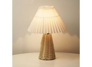 9351729930194 - Minkurow - Plissierte Tischlampe Nachttischlampe mit Rattansockel Vintage-Stil weiches warmes Licht für Schlafzimmerdekoration