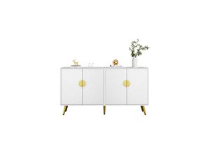 9351729931115 - Eleganter weiß-goldener Beistellschrank 1404075cm mit verstellbarem Regal Schrägstreifen-Design 4 TürenLuxuriöses Sideboard für Wohnzimmer