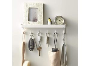 9351729931856 - Schlüsselhalter mit Ablage und 6 Haken platzsparende tragbare Aufbewahrung Schlüsselhalter Tastatur-Wandhalterung kein Bohren erforderlich weiß