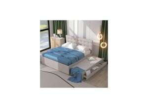 9351729934222 - Minkurow - Polsterbett Doppelbett Familienbett Ehebett mit drei Schubladen ausziehbares Bett Verstellbares Kopfteil Beige 140x200cm