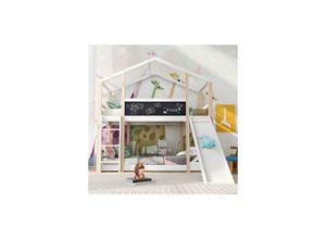 9351729934260 - Kinderbett Baumhaus mit Rutsche & Leiter 90 x 200 cm Hochbett für Kinder– 2x Lattenrost- Natur & Weiß