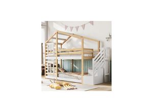 9351729934307 - Kinderbett Baumhaus 90 x 200 cm Etagenbett für Kinder in Fensterbauweise mit Speicherung und Rausfallschutz Natur & Weiß inklTafel– 2x Lattenrost