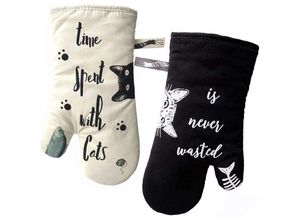 9351729999344 - Rhafayre - Küchenofenhandschuhe hitzebeständiger Topflappen und Handschuh zum Kochen Grillen Backen Elfenbein und Schwarz Katze und schwarze