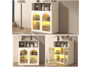 9381280148981 - Okwish - Sideboard Aufbewahrungseinheit mit Glastür und LED-Licht unabhängige Holzmöbel Küche Zuhause Wohnzimmer weiß 70 x 35 x 90 cm