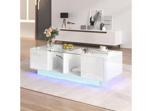9391277627122 - Hochglanz-Couchtisch Wohnzimmertisch mit Glasablage zwei Türen großer Stauraum mehrfarbige LED-Lichteffekte