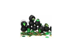 9399754007474 - 12 Stück Plastikkessel Mini Candy Wasserkocher Schwarzer Hexenkessel Neuheit Süßigkeitenhalter Topf mit Griff und 360 Grüngold Lucky Leprechaun