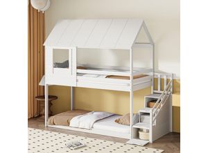 9401280143349 - Okwish - Kinderbett Holz-Etagenbett 90 x 200 cm Dachkonstruktion Sicherheitstreppe mit mehreren Staufächern Lattenrost Einzelbett Kinderbett