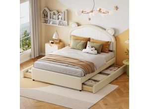 9421277632168 - Gepolstertes Bett 140200 cm zweifarbiges Patchwork am Kopfteil mit hübschen Ohrenformen mit 4 Staufächern Junior-Doppelbett Kunstlederstoff beige