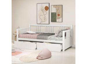 9431280138311 - Okwish - Schlafsofa 90200 Einzelbett mit zwei Staufächern Massivholzstruktur Massivholzbett Jugendbett Kinderbett Tagesbett weiß