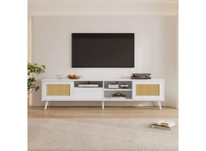 9431280775479 - Weißer Rattan-TV-Schrank Maße 200x40x49 cm geeignet für 90-Zoll-Fernseher mit 2 Rattantüren 1 Schublade und 3 offenen Fächern – robuste