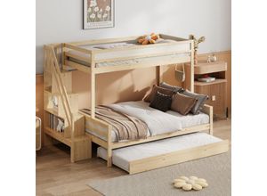 9451280143276 - Okwish - Kinderbett 90200 140200 cm Ausziehbett 90190 Etagenbett aus Massivholz mit Sicherheitsstufen Lattenrost naturfarben