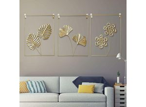 9454479662008 - Yuit - 3-teiliges goldenes Wandkunst-Set modernes minimalistisches dekoratives Metallblatt abstrakte Linie Ginkgoblatt-Wandkunst Wandskulpturen