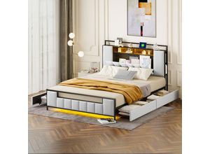 9461280764494 - Polsterbett 160200 cm Multifunktionsbett mit LED-Licht mit USB-Buchse mit Schubladen Bettgestell aus massivem Eisen Jugendbett Erwachsenenbett