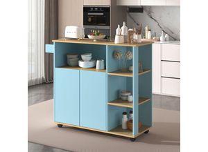 9471280765735 - Redom - L105cmxB38cmxH84cm moderner minimalistischer Speisewagen Sideboard Arbeitsplatte mit Holzmaserung hellblaue Schränke Mikrowellenregal