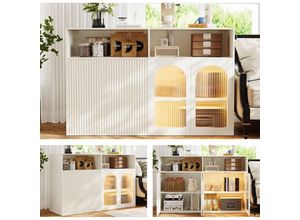 9471280778285 - Redom - Sideboard mit Glastür mit LED-Licht freistehender Holzschrank Holzschrank Küche Zuhause Wohnzimmer Weiß 140 × 35 × 90 cm