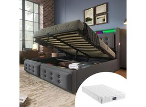 9481280146861 - Polsterbett 160x200 Doppelbett mit LED-Kopfteil und USB-C-Ladefunktion hydraulisches Bett mit Holzlattenrost und Metallgestell Belastbarkeit 300