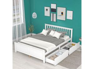 9481280150370 - Okwish - Holzbett Doppelbett Jugendbett Erwachsenenbett mit Schubladen Kiefernstruktur weiß (140x200cm)