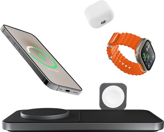 9505226413555 - Site3 Magsafe 3 in 1 Wireless Charger (MFi QI) Magnetische Ladestation für iPhone Apple Watch AirPods Space Grau