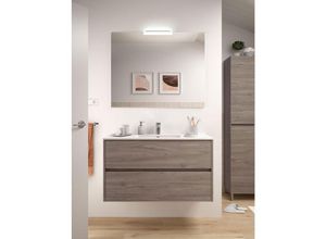 9505265965343 - Caesaroo - Badezimmer Badmöbel 100 cm aus Eiche eternity Holz mit Porzellan Waschtisch 100 cm - mit spiegel und led Lampe