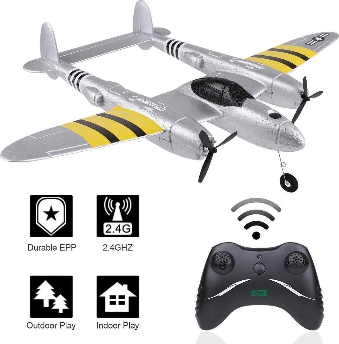 9505417572290 - Syma FX816 RC Plane - P-38 Warplane - Ferngesteuertes Flugzeug - 20 Minuten Flugzeit - Extra lange Reichweite