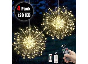 9771353164688 - Minkurow - 4 Stück Feuerwerk Lichterketten Starburst Lichter 120 Led Kupferdraht Feuerwerk mit Fernbedienung 8 Leuchtmodi Wasserdicht Hausgarten 4St