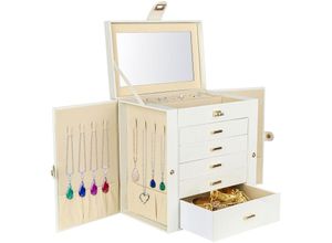 9772537506416 - Skecten - Schmuckkastenmit 5 Ebenen Schubladen aus Faux Lederfür Ohrringe Ketten Schmuck Organizers-Weiß