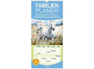 9783457133873 - Familienplaner 2025 - Anmutige Schimmel Ästhetik Aquarell-Pferde mit 5 Spalten (Wandkalender 21 x 45 cm) CALVENDO