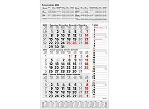 9783731885030 - 3-Monatsplaner Combi 2026 Wandkalender Datumsschieber Streifentimer D GB F I Sonn- Feiertage rot B 380 x H 450 mm Papier grau